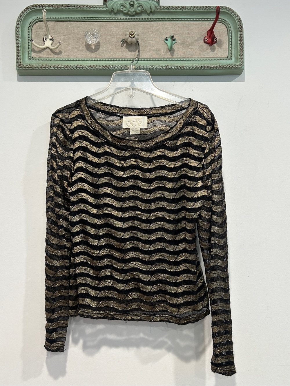 Vintage 90s cache Metallic Gold & Black Stripe Sheer Long-Sleeve Top Women med